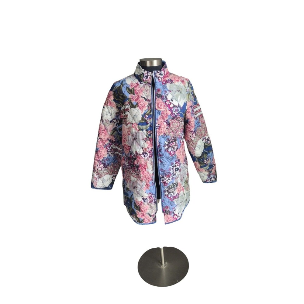 Chicos 2 Quilted Reversible Jacket Size L (12/14) Floral Blue Pink White